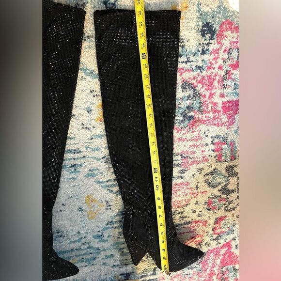 Black Rhinestone Over The Knee Thigh High Pull On Boots Triangle Heel 10 - Picture 10 of 13